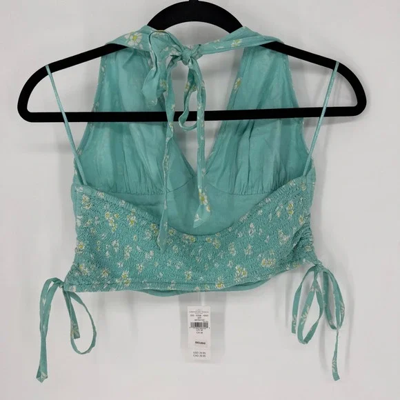 AMERICAN EAGLE TEAL FLORAL CROPPED HALTER TOP MEDIUM NWT - Picture 6 of 6